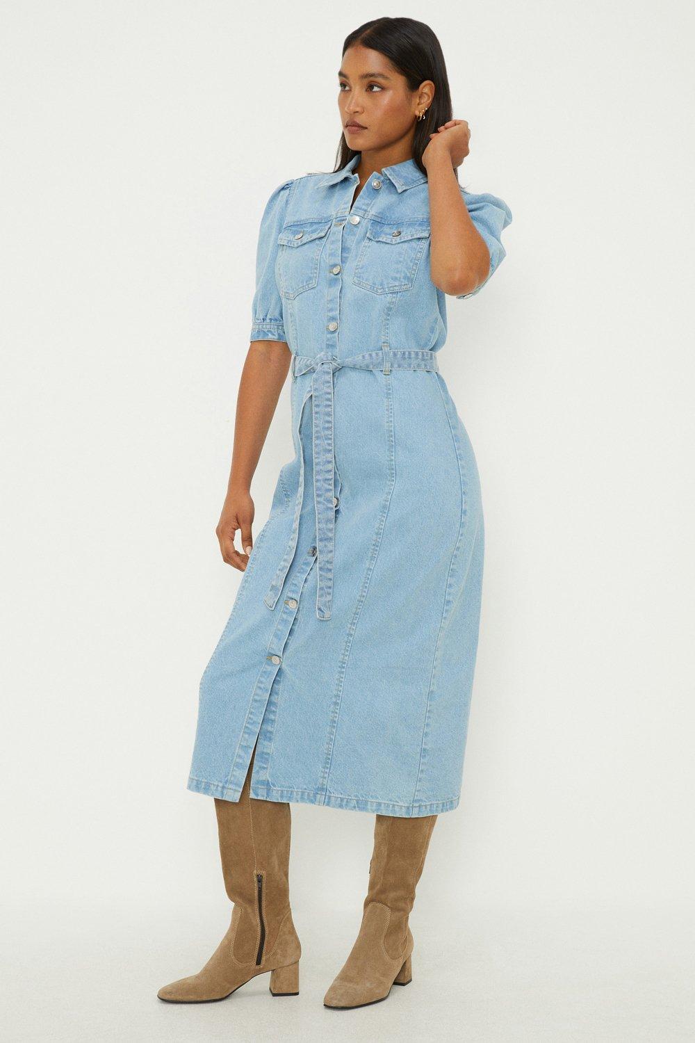 Denim Belted Midi Shirt Dress